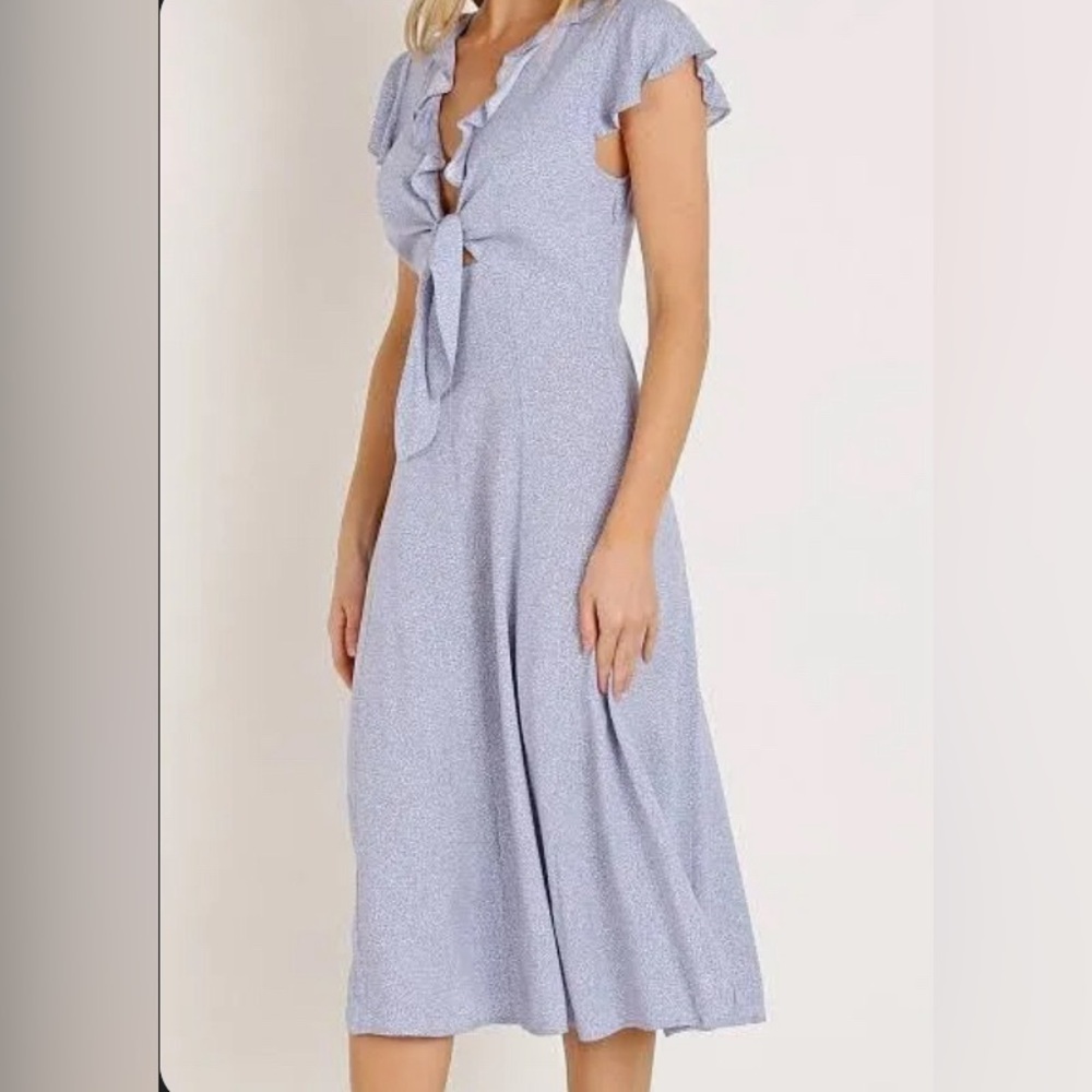 Auguste light blue / lavender midi dress with ruffle trim